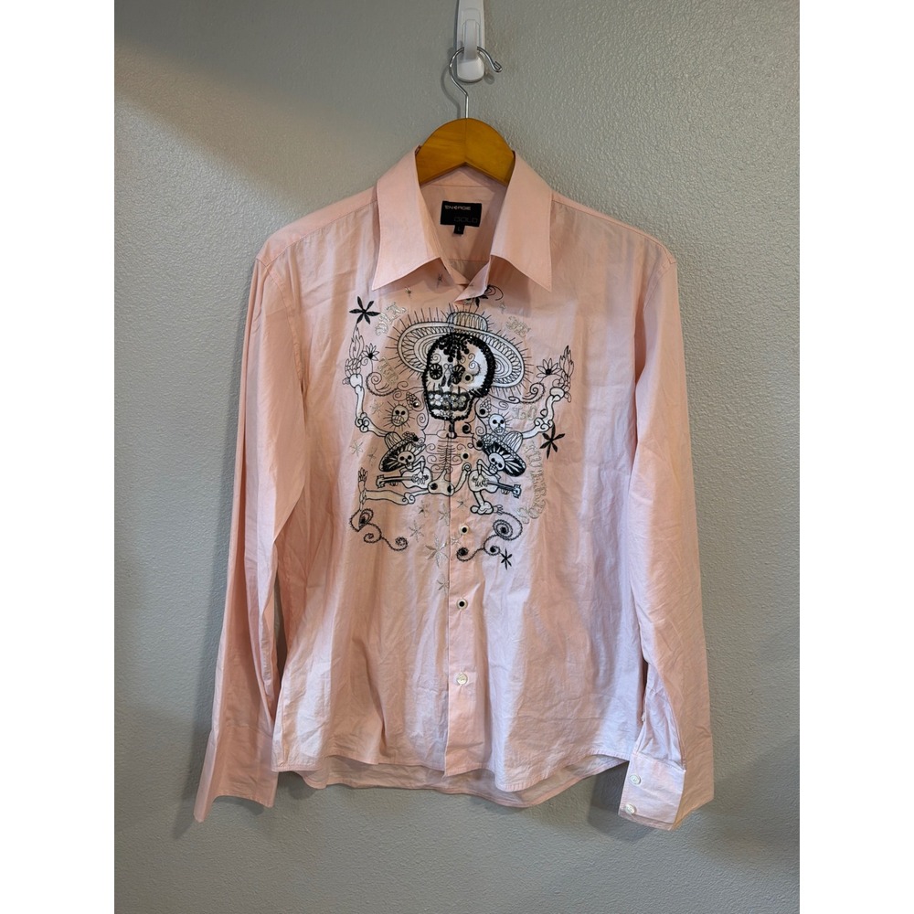 Energie Gold Button Up Shirt Mens L Pink Dia de los Muertos Skull Y2K - Picture 2 of 9